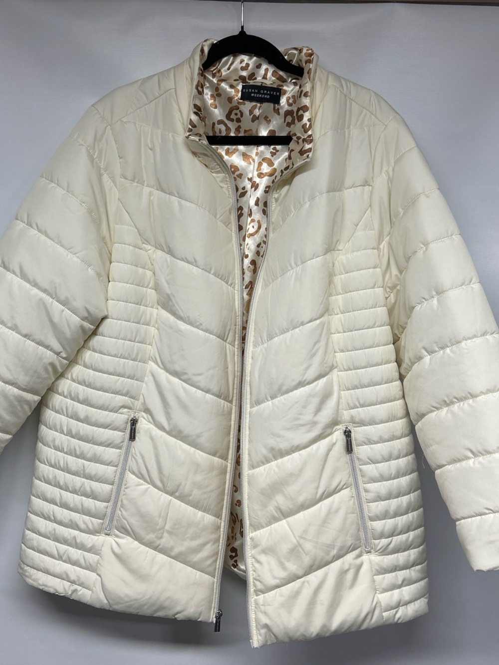 Susan Graver Cream Quilted Puffer Jacket with Leopard-Print Lining